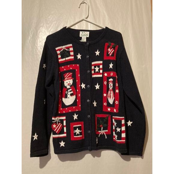 Quacker Factory Christmas Cardigan Red White & Blue ~ Snowmen Stars MEDIUM - Picture 1 of 7